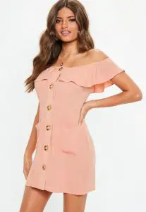 How-to-wear-off-shoulder-dress-orange bardot frill button front a line dress-light-pink-white-dress-Paris-Chic-Style-2