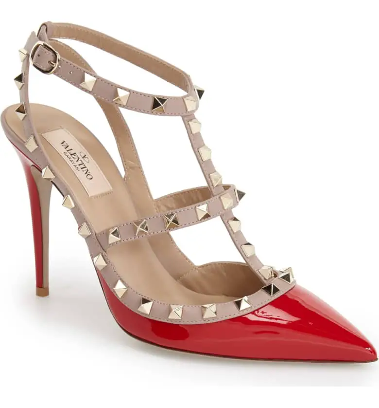 What Color Shoes To Wear With A Red Dress Red Shoes Rockstud T-Strap Pump VALENTINO GARAVANI Paris Chic Style 2