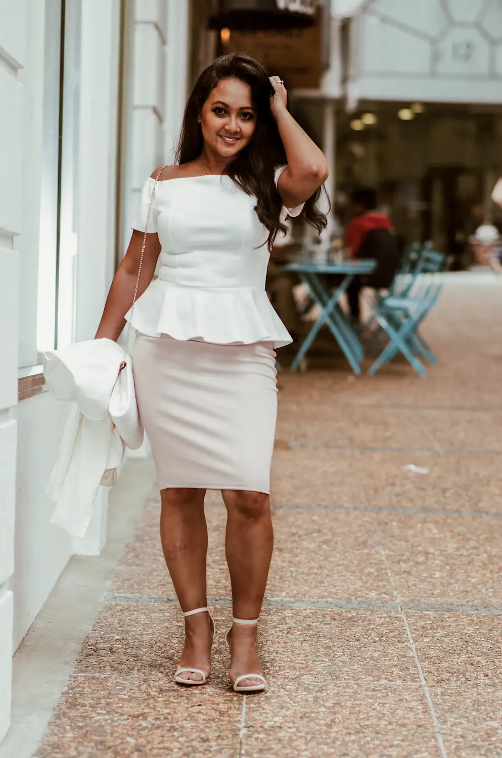 Marjolyn Lago Marj How to wear a pencil skirt peplum top off the shoulder top parisian style
