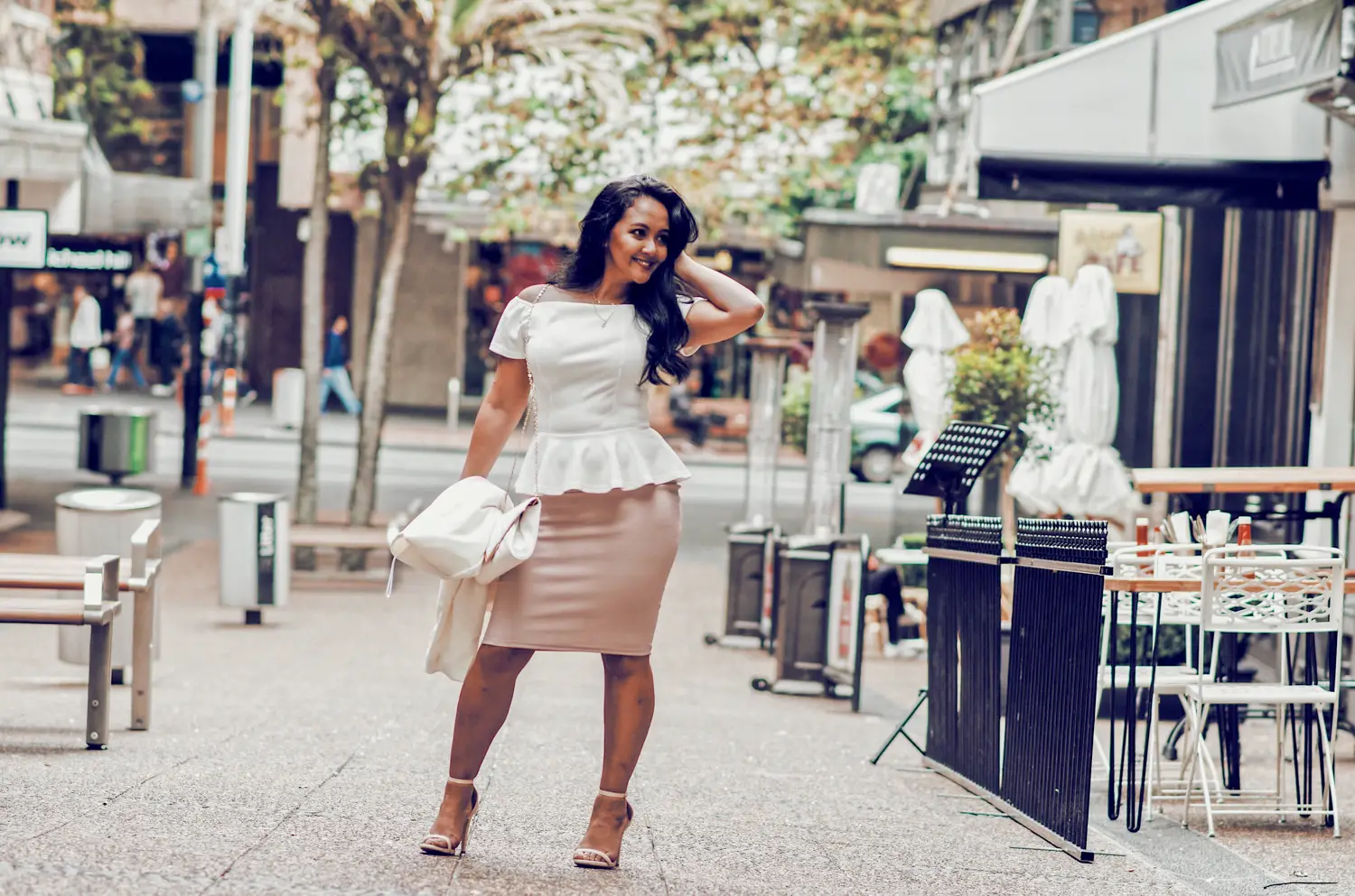 Marjolyn Lago Marj How to wear a pencil skirt peplum top off the shoulder top parisian style