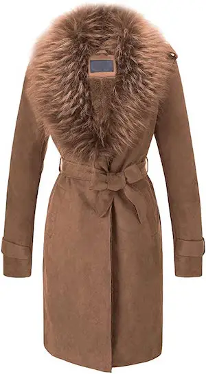 Bellivera Women's Faux Suede Long Coat Jacket With Detachable Faux Fur Collar- French Style Winter Coat Paris Chic Style