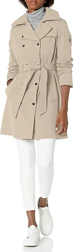 Calvin Klein Women's Double Breasted Belted Rain Jacket With Removable Hood- Chic French Coats